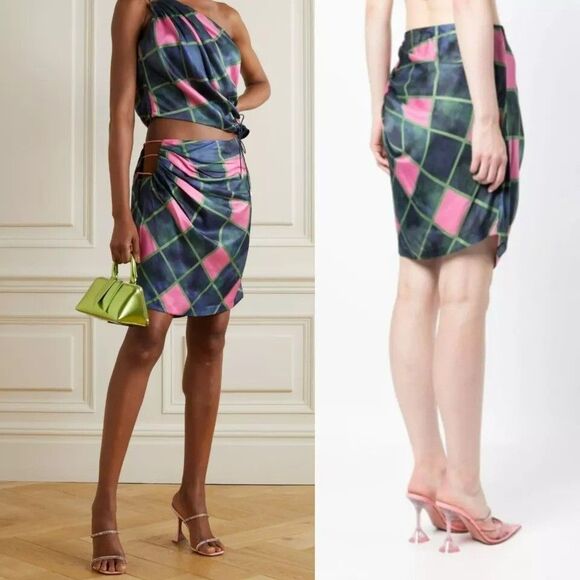 NEW Ahluwalia Patel Cutout Draped Printed Matte Satin Mini Skirt Pink Green - Picture 1 of 10